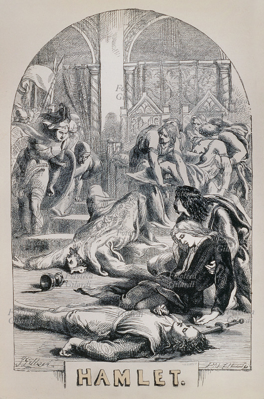 William SHAKESPEARE (1564-1616) "Amleto" (1601) Gertrude, Claudio, Laerte e Amleto muoiono avvelenati durante il duello finale, mentre Fortebraccio torna vittorioso dalla Polonia e viene designato re dallo stesso Amleto morente. Illustrazione di Sir John Gilbert (1817-1897) per la prima pagina della tragedia. Edizione stampata a Stoccarda, 1860 circa.