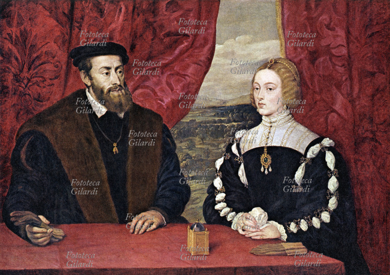 CARLO V (1500-1558) e Isabella del Portogallo. Carlo I come re di Spagna e Carlo IV come re di Napoli. Stampa fac-simile da dipinto di Rubens, ca 1628-29. Copia dal dipinto di cui non hanno più notizie e che si trovava nel Palazzo Reale di Madrid, eseguito dal Tiziano nel 1548