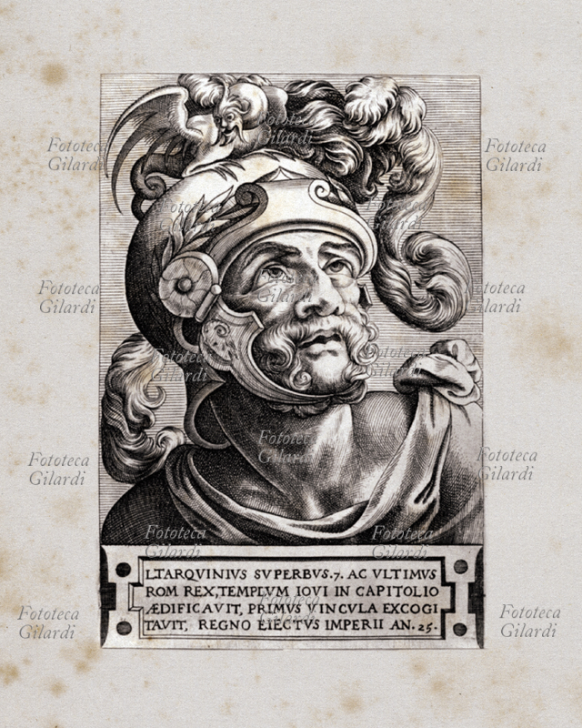 LUCIO TARQUINIO o Tarquinio il Superbo settimo ed ultimo re di Roma della dinastia etrusca dei Tarquini dal 535 a.C. al 510 a.C. Incisione XVI secolo