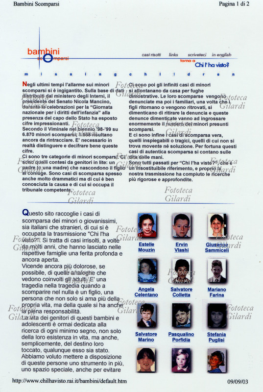 WANTED bambini scomparsi, pagina dal sito collegato al programma televisivo \