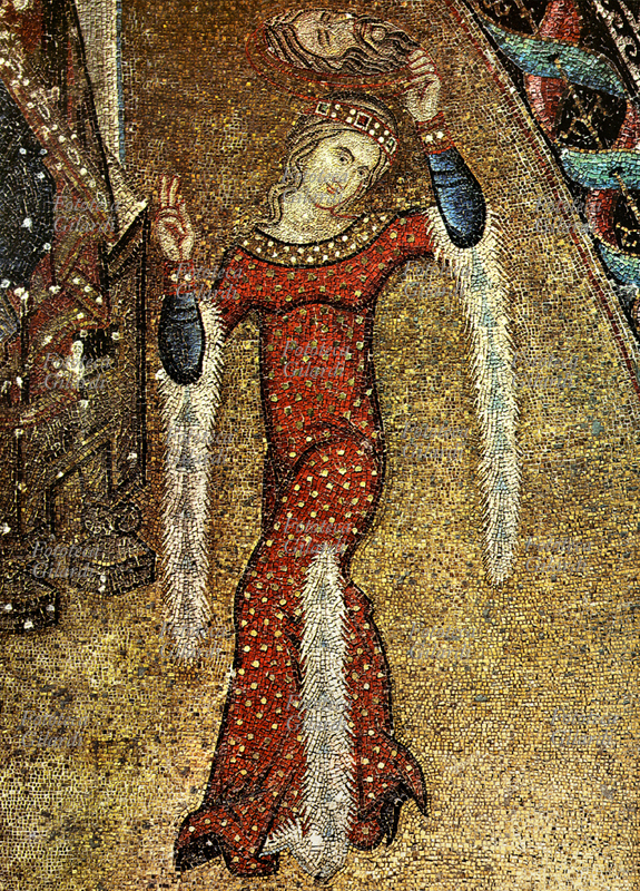 SALOMÉ danzante vestita di rosso, raffigurata con la testa del Battista, in un mosaico bizantino del XII secolo.