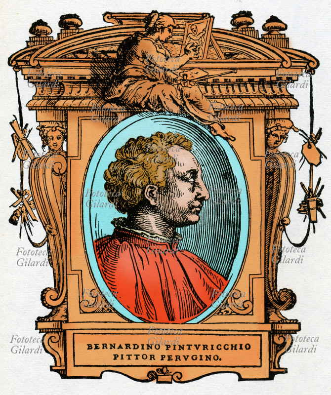 PINTURICCHIO (1452 circa – 11 dicembre 1513), soprannome con cui è noto Bernardino di Betto Betti, pittore e miniaturista perugino. Il ritratto è racchiuso in una cornice decorata con figure allegoriche e strumenti delle arti. Illustrazione colorizzata su base xilografica del XVI secolo, dal trattato \