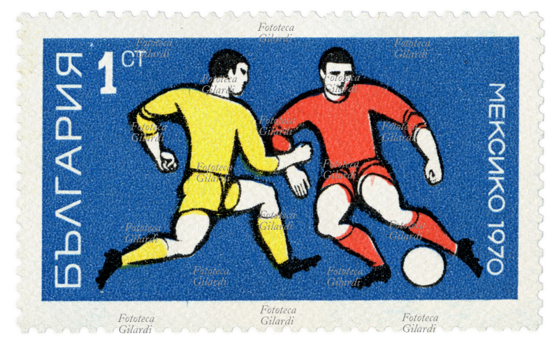 CALCIO Francobollo della serie "Mondiali di calcio" emessa dalle poste bulgare per commemorare il campionato mondiale di calcio, o Coppa del mondo Jules Rimet, disputato in Messico dal 31 maggio al 21 giugno 1970. Questa è stata l\