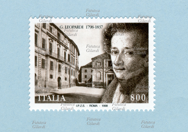 Giacomo LEOPARDI (29 June 1798 - 14 June 1837), Italian poet, philosopher, writer, philologist. Commemorative stamp issued by the Italian Post Office for the 2nd centenary of his birth. In the vignette, on the right, the portrait of the poet by Luigi Lolli, in the background the square in front of Palazzo Leopardi in Recanati. Sketch by the Recanatese Philatelic Numismatic Circle, nominal value 800 lire, rotogravure printing IPSZ Rome. Italy, issued on 29 June 1998