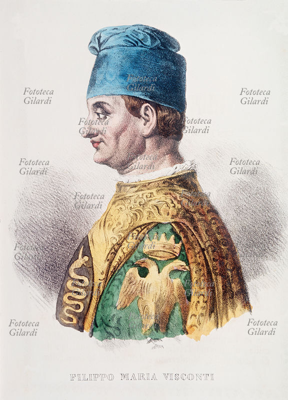 Filippo Maria VISCONTI (1412-1447) duca di Milano, padre di Bianca Maria. Litografia acquarellata, XIX secolo.