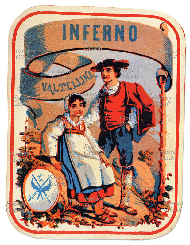 VALTELLINA Coppia in costume tradizionale. Cromolitografia per etichetta di vino \