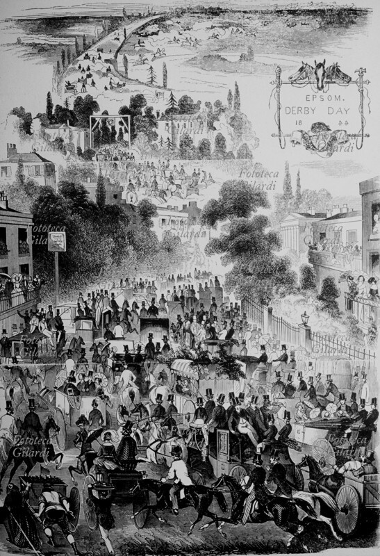 TRASPORTI La passione degli inglesi per le corse e i cavalli è grande: una folla in carrozza e a cavallo si reca ad assistere al Derby. Incisione di anonimo, Regno Unito 1844.