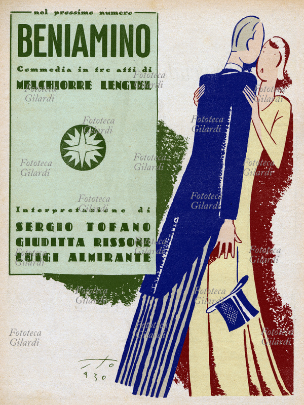 Melchior LENGYEL (January 12, 1880 - October 23, 1974), designed by Sergio Tofano (August 20, 1886 - October 28, 1973), who is among the performers with Judith Rissone and Luigi Almirante for "Benjamin: Comedy in Three Acts by Melchiorre Polish "published in: The drama: monthly magazine of highly successful comedies, Italy 1930. Colorized version, Italy, Milan 2017