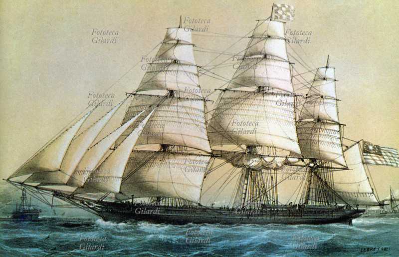 NAVI La sfida dei Clippers alle navi a vapore sulla rotta per New York. Stampa del XIX secolo.