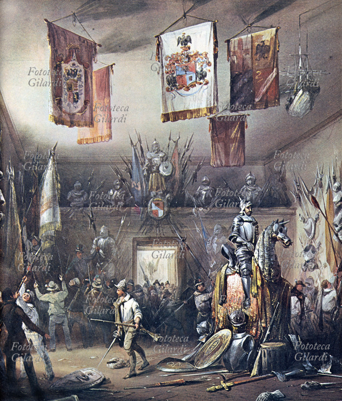 CINQUE GIORNATE DI MILANO raffigurazione di un episodio accaduto: per procurarsi le armi, i milanesi, assalirono anche la colleziore Ibaldi, una raccolta di armi storiche di un nobile milanese. Stampa da tempera di Carlo Bossoli (1815 – 1884), Milano 1848.