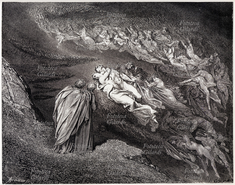 DIVINA COMMEDIA Paolo e Francesca vaganti nel girone dei Lussuriosi. (Inferno, Canto V). Illustrazione di Gustave Doré per \