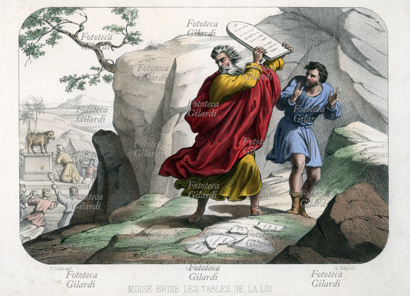 BIBBIA "Mosè distrugge le tavole della legge": tornando con Giosuè dal monte Sinai dopo i quaranta giorni di eremitaggio in cui aveva ricevuto il Decalogo, il Profeta spezza le tavole vinto dall\