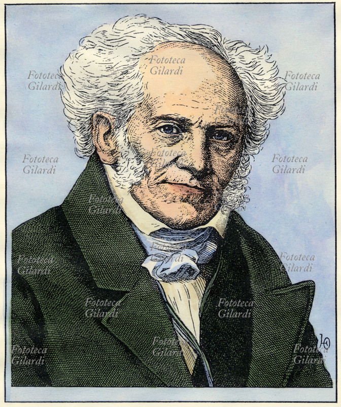 Arthur SCHOPENHAUER (1788-1860) filosofo tedesco; vide la storia come caos; polemizzò contro la filosofia di Fichte, di Hegel ed il nascente positivismo. Ritratto, versione colorata di una incisione di Hugo Bürkner (1818-1897), Germania XIX secolo