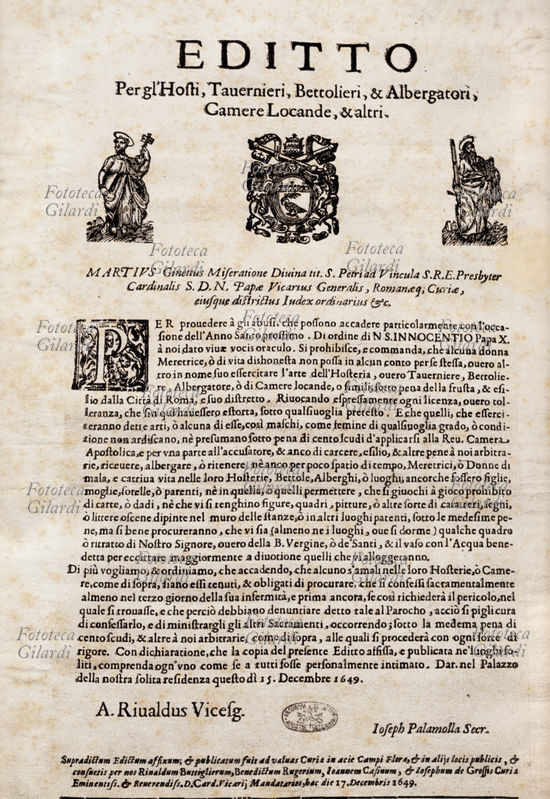ANNO SANTO Editto di Innocenzo X rivolto agli osti, Tavernieri, Bettolieri e Albergatori, Camere, Locande ed altri in occasione dell\