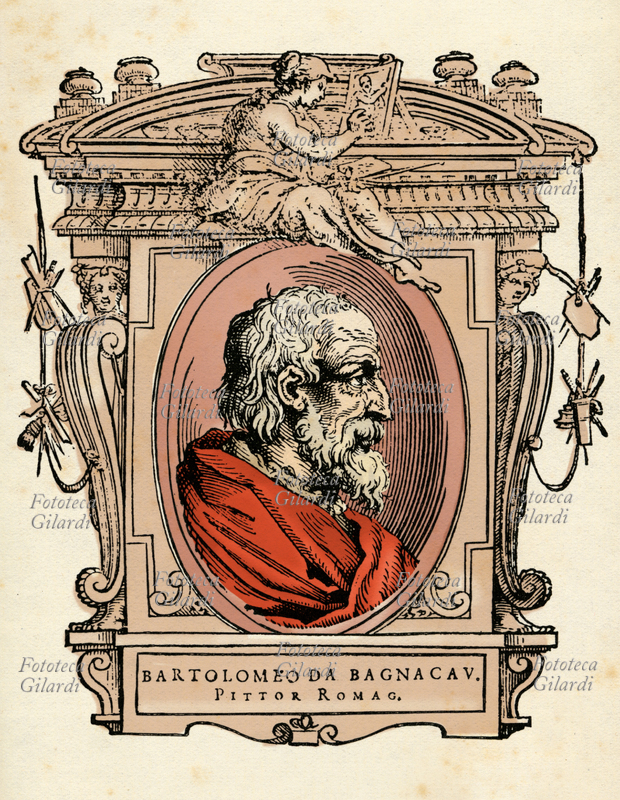 BARTOLOMEO RAMENGHI (1484 - 1542), detto il Bagnacavallo "Senior" o il Baruffaldi, pittore italiano del Rinascimento attivo in Emilia-Romagna. Il ritratto in ovale è racchiuso in una cornice decorata con figure allegoriche e strumenti delle arti. Illustrazione colorizzata su base xilografica del XVI secolo, dal trattato \