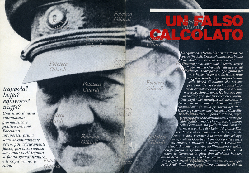 SPECIALE PHOTO "Chi ha scritto i diari di Hitler, i testi e il perché - I veri falsi", ideato e realizzato dalla redazione di Phototeca e dai suoi collaboratori: Roberta Clerici, Ando Gilardi, Patrizia Piccini, Piero Raffaelli, Sergio Sisti, Santi A. Urso. Nel sommario: "trappola? beffa? equivoco? truffa?". Il titolo: "Un falso calcolato". Documenti fotografici della Fototeca Gilardi. Doppia pagina d\