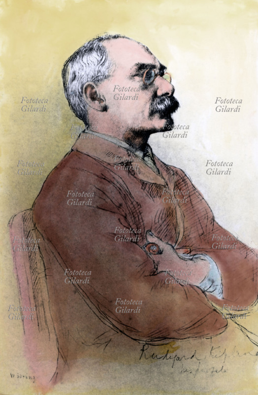 Rudyard KIPLING (1856-1936) Ritratto dello scrittore e poeta britannico, nato in India. La sua opera più nota è sicuramente il racconto per ragazzi Il libro della giungla (The Jungle Book) (1894), e anche il racconto di spionaggio ambientato in India Kim (1901), le poesie Gunga Din (1892) e If (Se) (1895) e molti altri brevi racconti. Disegno di W. Strang, XX secolo