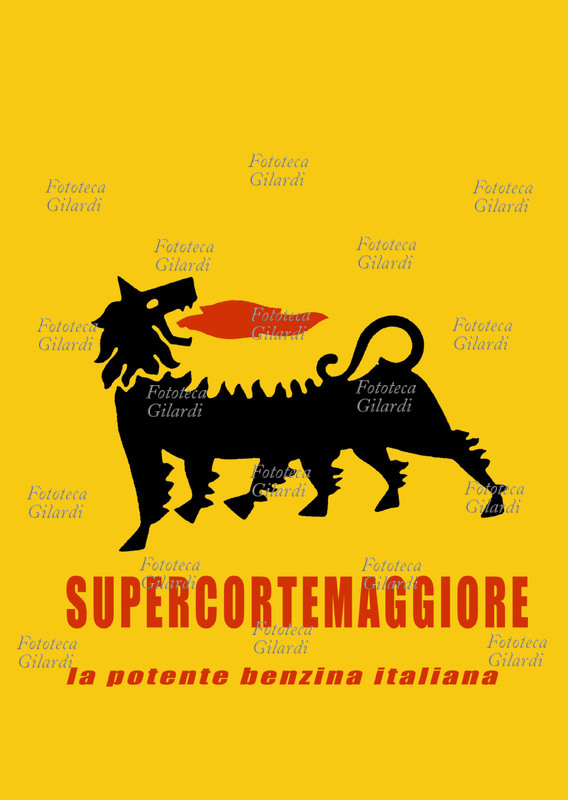 ENI the six-legged dog with the flame that comes from the mouth. Symbol of the National Hydrocarbons, created in 1952 with the state capital to promote research, processing and distribution of petroleum products and methane Italian. The author of the symbol was Luigi Broggini (1908-1983), who do not never admitted paternity, and the certainty of the symbol only came after his death, through the testimony of the child reported by the journalist Dante Ferrari. The official interpretation given by the press office of Eni in the fifties, explains the six legs of the imaginary as the sum of four car wheels and two legs of his driver. A sort of modern centaur, and also almost an assurance that the means of locomotion becomes as fast as possible through the symbiosis between the car and the driver. Here he is in an advertisement for \
