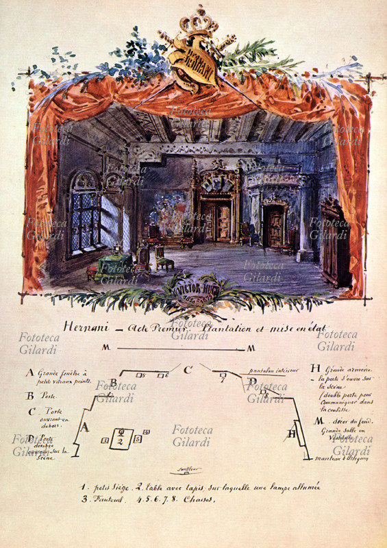 Victor HUGO (1802-1885) Hernani. Bozzetto scenografico di J.B. Lavraste, per il primo atto del dramma \