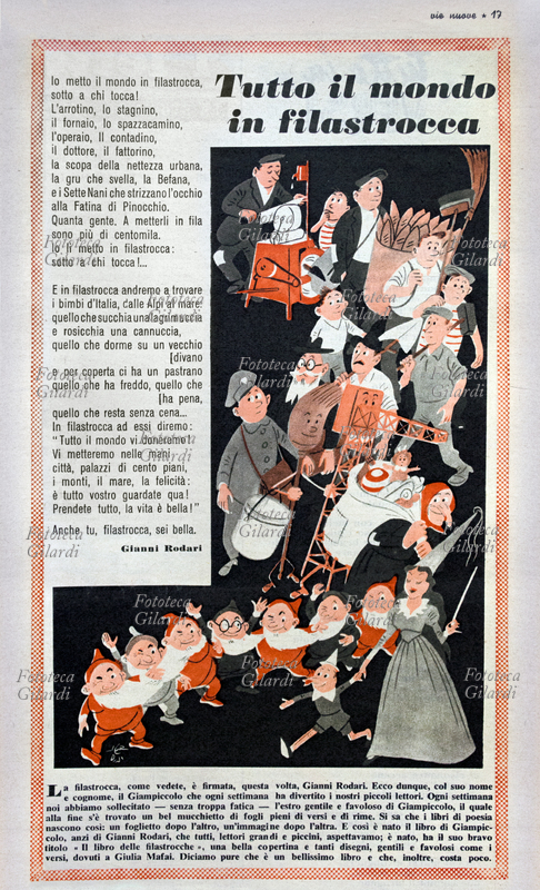 Gianni RODARI (1920 - 1980) scrittore, pedagogista, giornalista e poeta italiano, pubblica le sue prime poesie per ragazzi su "Vie Nuove", con lo pseudonimo di Giampiccolo, in questa pagina si annuncia l\