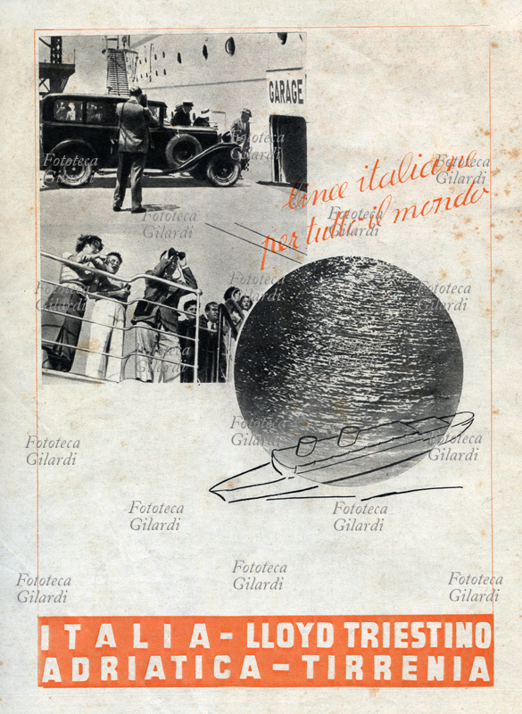 TURISMO Manifesto pubblicitario per il Lloyd Triestino - Adriatica - Tirrenia, linee italiane di navigazione dirette in tutto il mondo. Italia, 1938.