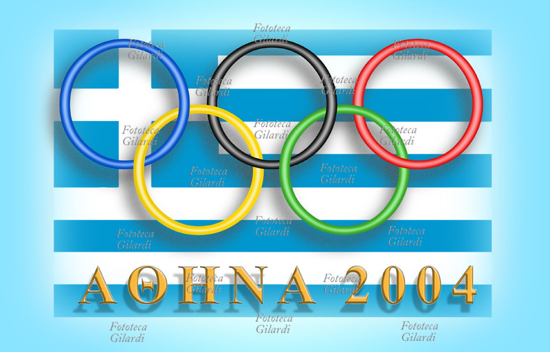 OLIMPIADI Atene 2004 gli anelli simbolo della competizione mondiale disegnati sulla bandiera a righe azzura della Grecia, nazione che ospita i Giochi. I 5 anelli intecciati furono per la prima volta il simbolo delle Olimpiadi ad Anversa nel 1920 e simboleggiano i 5 continenti: blu Europa, giallo Asia, nero Africa, verde Oceania, rosso America. (edizione greca) Atene 2004