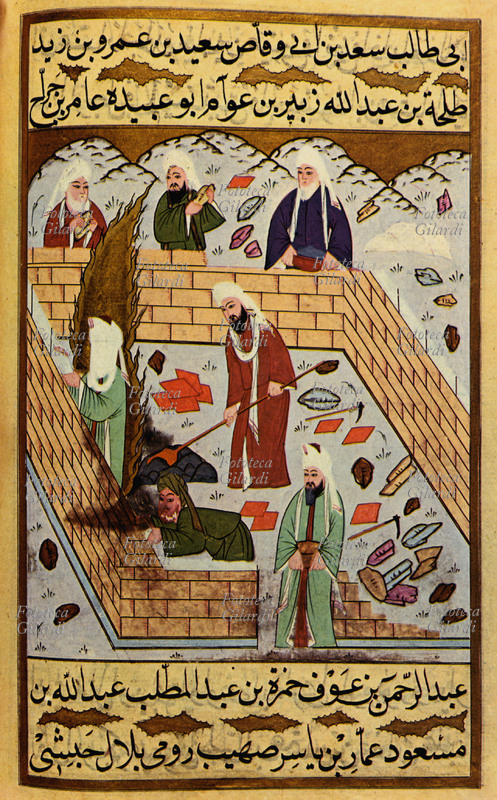 MAOMETTO (570-632) Arrivato a Medina il Profeta in persona inizia i lavori per la costruzione della moschea, la prima di tutte le moschee del mondo arabo. Miniatura tratta dal manoscritto turco \
