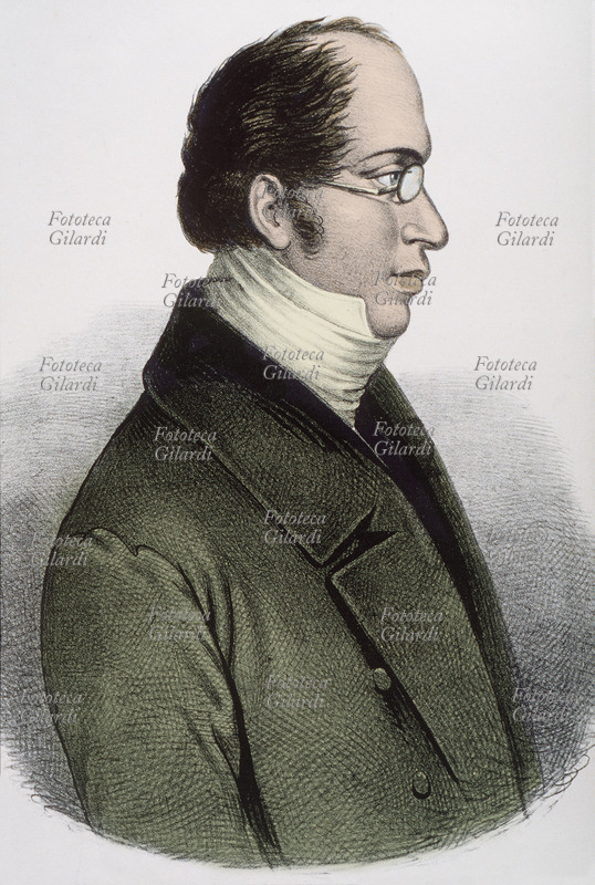 SANTORRE DI SANTAROSA (1785-1825) Patriota italiano che durante la rivoluzione costituzionale piemontese del 1821 fu ministro della guerra del governo provvisorio. Morì esule in Grecia durante i moti di indipendenza dalla Turchia. Ritratto litografico, XIX secolo