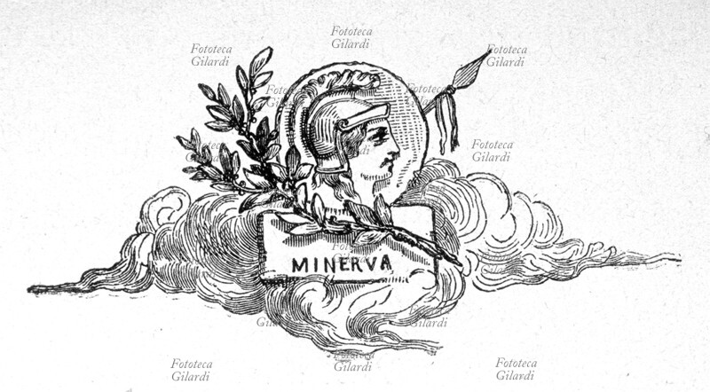 FREGIO decorativo: allegoria di Minerva. Incisione, Italia XIX secolo.