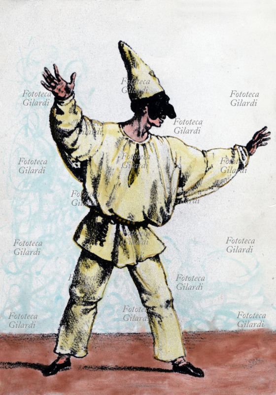 PULCINELLA raffigurazione della classica maschera napoletana in una stampa popolare; fotoincisione acquarellata, Italia inizio del XIX secolo.