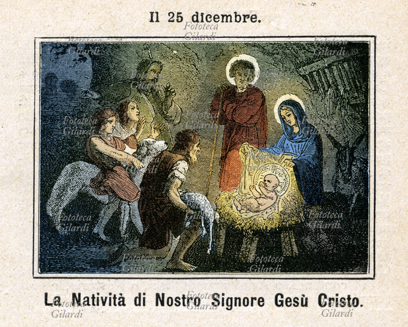 NATALE DEL SIGNORE, i pastori rendono per primi omaggio al Bambinello (Luca 2,8-20). Commemorazione il 25 dicembre. Incisione colorata, Italia 1886