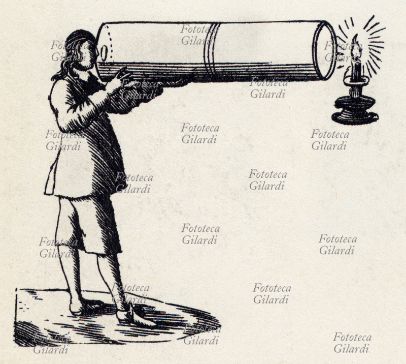 STORIA DELLA FOTOGRAFIA camera obscura cilindrica. Incisione XVII secolo