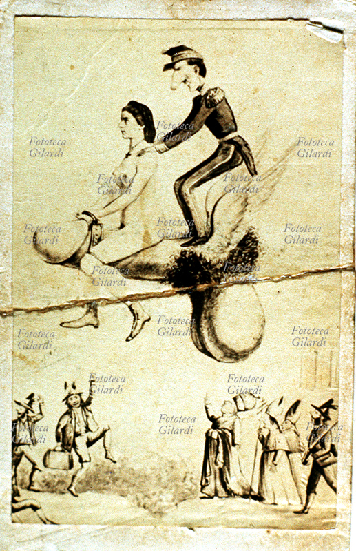 FOTOMONTAGGIO rarissimo, rappresenta Maria Sofia di Baviera (nuda) e Francesco II di Borbone che volano a cavallo di un itifallo alato, mentre da terra politici, militari e religiosi protestano vivacemente. Caricatura di anonimo dove la figura di Maria Sofia è realizzata interamente con tecnica fotografica, anche in ripresa; ovviamente il corpo non è quello della regina (per la tecnica vedi anche #16196). Italia 1860 - 1861