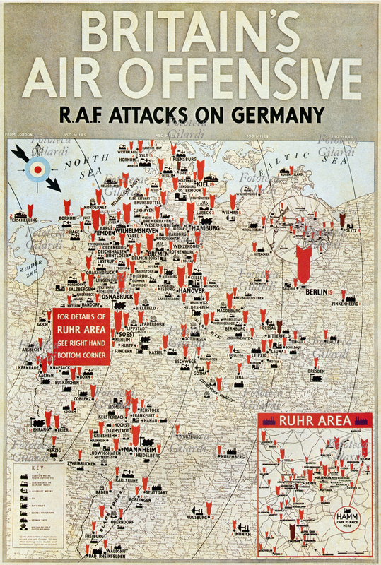 II GM GRAN BRETAGNA "Offensiva aerea britannica. Attacchi della RAF sulla Germania". Sulla cartina sono evidenzati i principali obiettivi, con l\