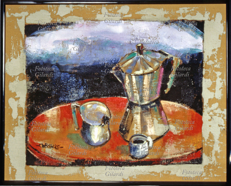 Ciro BORRELLI (1979-) Aroma di caffè. Natura morta con caffettiera moka, tazzina e bricco del latte, sovrastati dalla nuvola di aroma. Dipinto, acrilico su masonite. Collezione dell\