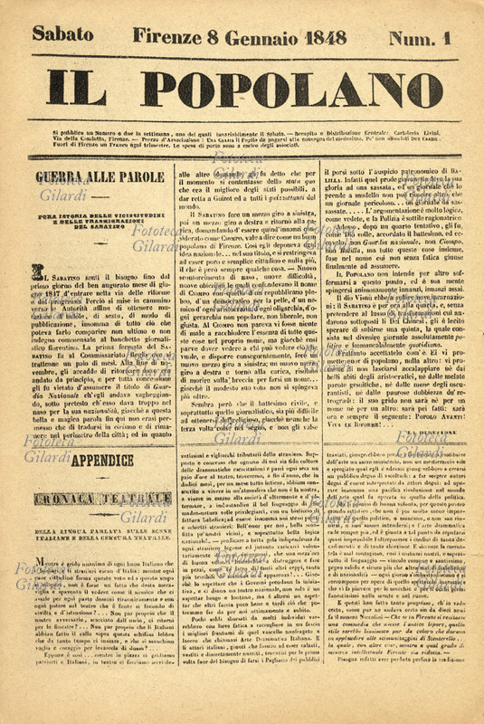 RISORGIMENTO Firenze, prima pagina del primo numero del giornale patriota \