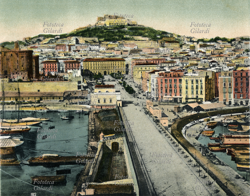 NAPOLI "Napoli, Panorama dal Molo" veduta fotografica, da album di Ettore Ragozino stampa fotocollografica a colori 1920 circa