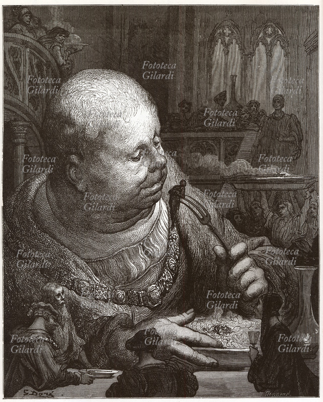 François RABELAIS (1494-1553) Gargantua inghiotte il pellegrino caduto nella sua insalata (I, 38). Illustrazione di Gustave Doré per il romanzo \