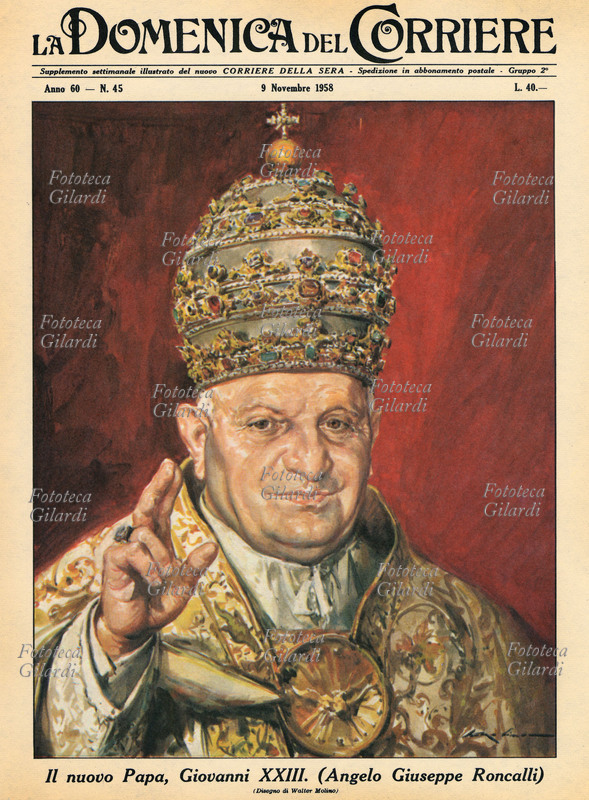 POPE JOHN XXIII (born Angelo Giuseppe Roncalli, 25 November 1881 - 3 June 1963) elected on 28 October 1958 and crowned the following 4 November. Illustration by Walter Molino (5 November 1915 - 8 December 1997) for the cover of "La Domenica del Corriere". Milan, 9 November 1958