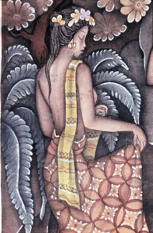 DONNA Giovane donna, si muove con gli occhi bassi tenendo sollevati con le dita i due lembi del pareo in un gesto quasi di danza. Sullo sfondo fiori e foglie. Dettaglio da dipinto indonesiano di anonimo, XIX secolo.