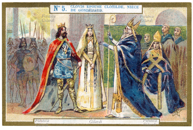 FRANCE marriage, which took place in 493, the pagan king Clovis I (466-511) and Clotilde (approximately 475 - 545), daughter of the Christian king of Burgundy Chilperic II. The Princess of Burgundy, born pagan, he converted to Christianity at a young age, and devoted himself from the beginning to the conversion of her husband, who initially did not abjure the religion of their fathers, but allowing her to baptize the children. Clotilde is venerated as a saint by the Catholic Church, the anniversary June 3. Figurine chromolithographic, France circa 1900.