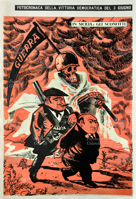 SATIRA "In Sicilia: gli sconfitti", un politico democristiano, scortato da un mafioso armato e dal fantasma della guerra. Le elezioni amministrative del 1951 furono le prime dopo le riforme normative in senso maggioritario volute dal governo di Alcide De Gasperi. Vignetta pubblicata nel servizio "Fotocronaca della vittoria democratica del 3 giugno" su Vie Nuove, rivista legata al Partito comunista italiano, Italia 1951