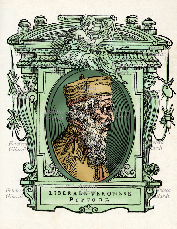 LIBERALE da Verona (1445 circa - 1530) pittore e miniatore italiano. Il ritratto in ovale è racchiuso in una cornice decorata con figure allegoriche e strumenti delle arti. Illustrazione colorizzata su base xilografica del XVI secolo, dal trattato \