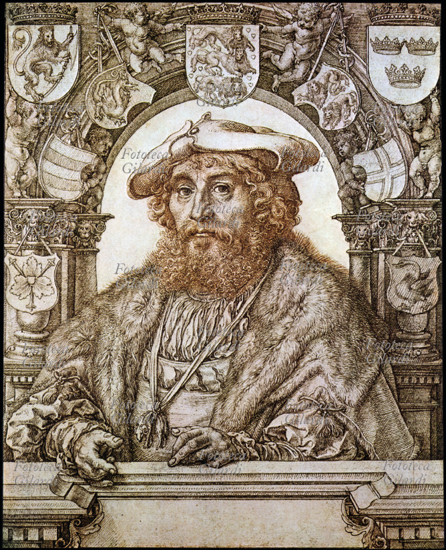 CRISTIANO II di Danimarca (1481-1559), stampa da disegno di Jan Gossaert, XVI secolo