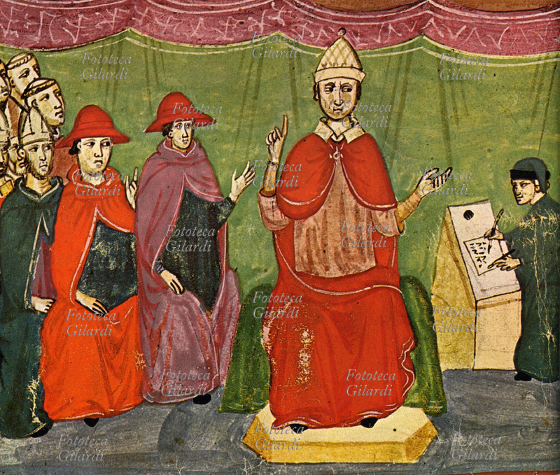INNOCENZO IV (1243-1254) al Concilio di Lione, conferma la scomunica a Federico II e lo depone da Imperatore. Stampa facsimile di miniatura tratta dal codice Chigi.