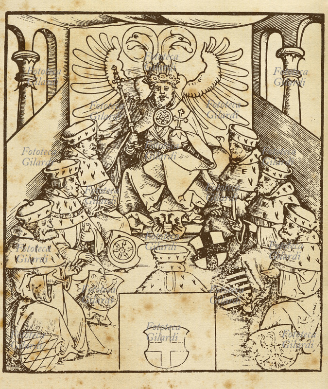 CARLO V (1500-1558) Imperatore con i sei principi elettori, tre dei quali ecclesiastici: Magonza, Colonia e Treviri. Sullo sfondo uno stendardo che porta il simbolo degli Asburgo, l\