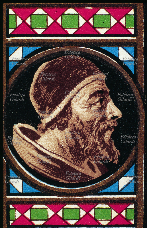 PAPA SAN ANASTASIO I dei Massimi (?-401), nato a Roma, eletto nel 398. Durante il suo pontificato riconciliò gli orientali con la Chiesa Romana. Ritratto, dettaglio da una cartolina cromolitografica della \