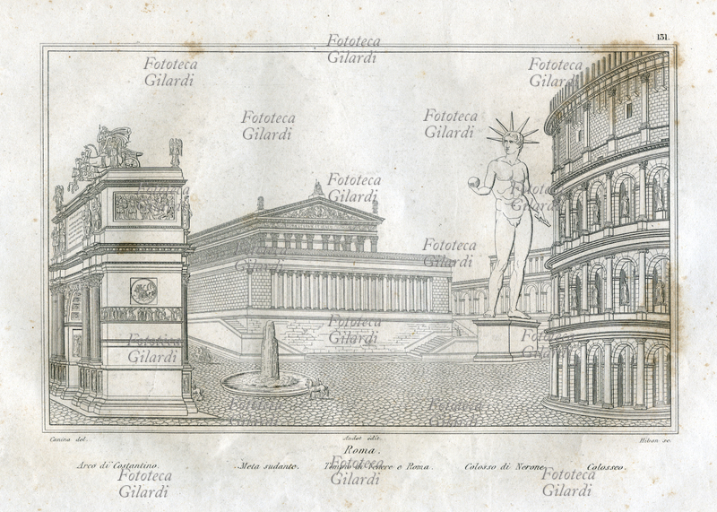 ROMA Arco di Costantino, Meta Sudante, Tempio di Venere, Colosso di Nerone, Colosseo. Incisione all\