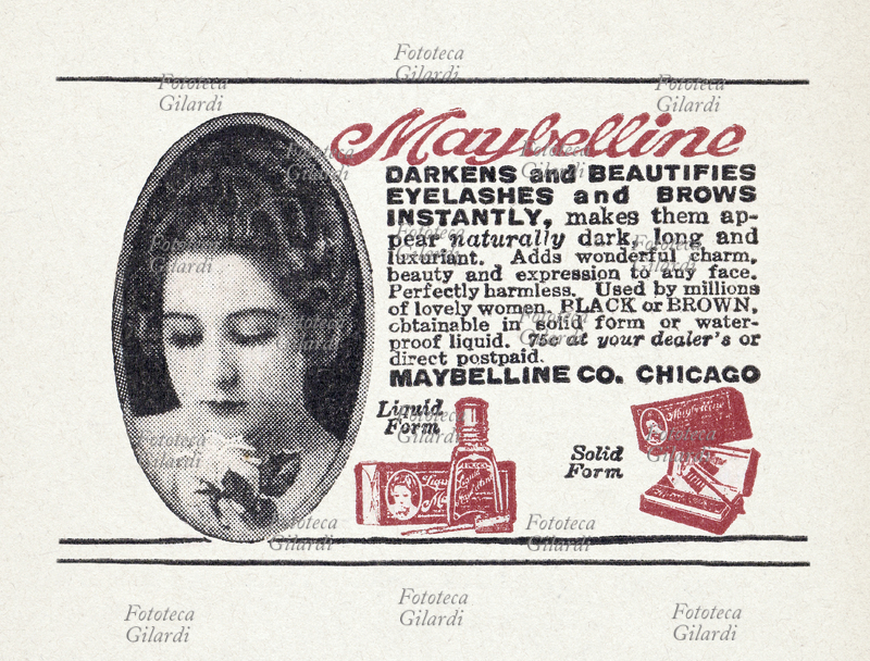 COSMETICS display advertising for the product for the eyelashes "Maybelline" to add depth to the look and seduction. This mascara formula was designed in 1913 by the chemist TL Williams for his sister Mabel; saw immediate success, he had started large-scale production, selling it by mail and laying the foundations of the cosmetic company that is still thriving in the second decade of the twenty-first century. Chicago, circa 1925