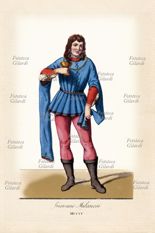 CAVALIERI, Medioevo. Giovane milanese, stampa a colori del XIX secolo raffigurante un costume del XV secolo